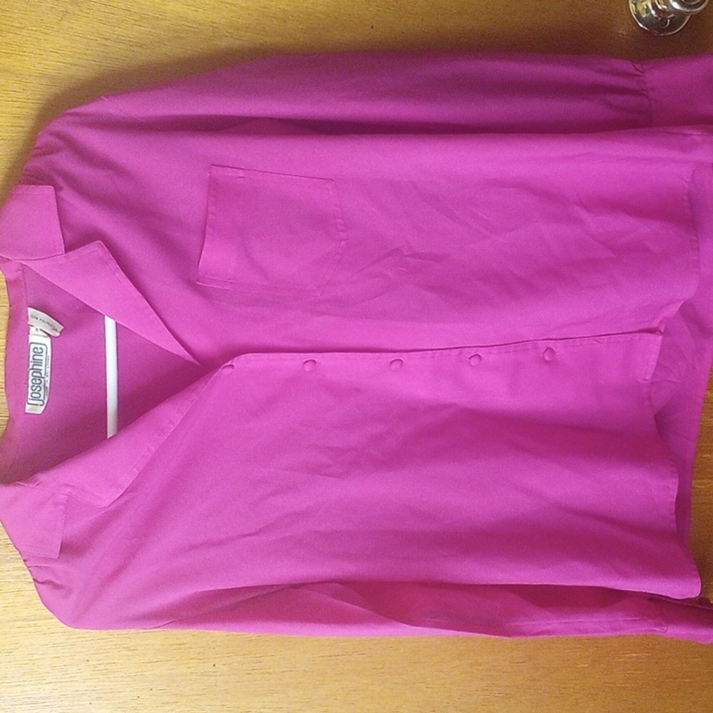 Josephine Fuschia Polyester Button Down Blouse.  Long Sleeves & Collar, Size 12